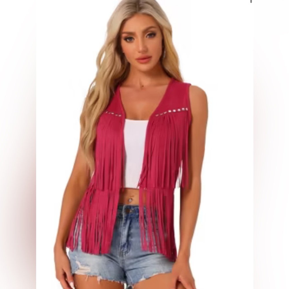Lucky & Blessed Wesrern-Inspired Faux Suede Red Fringe Vest